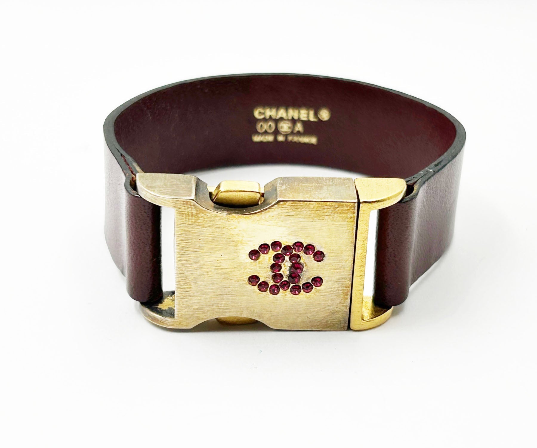CHANEL Vintage Red Crystal Gold Buckle Leather Belt Bracelet