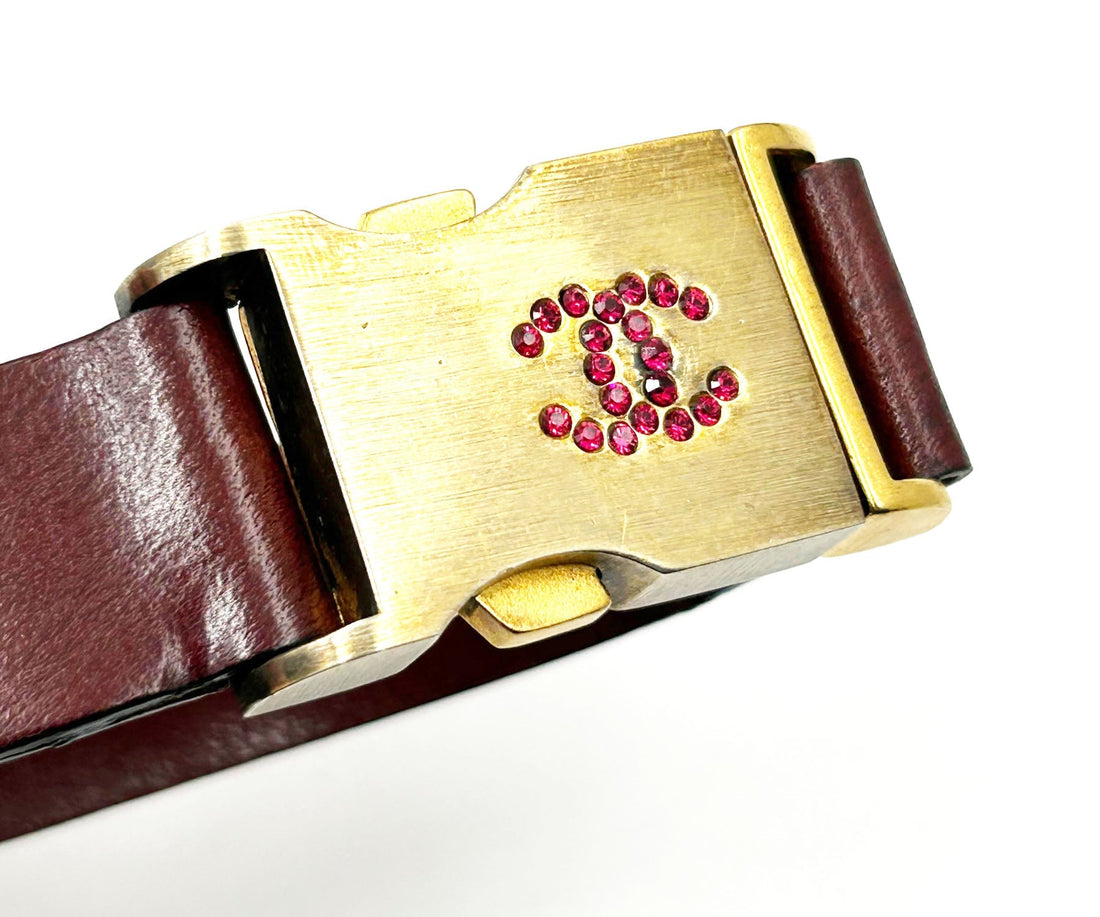 CHANEL Vintage Red Crystal Gold Buckle Leather Belt Bracelet