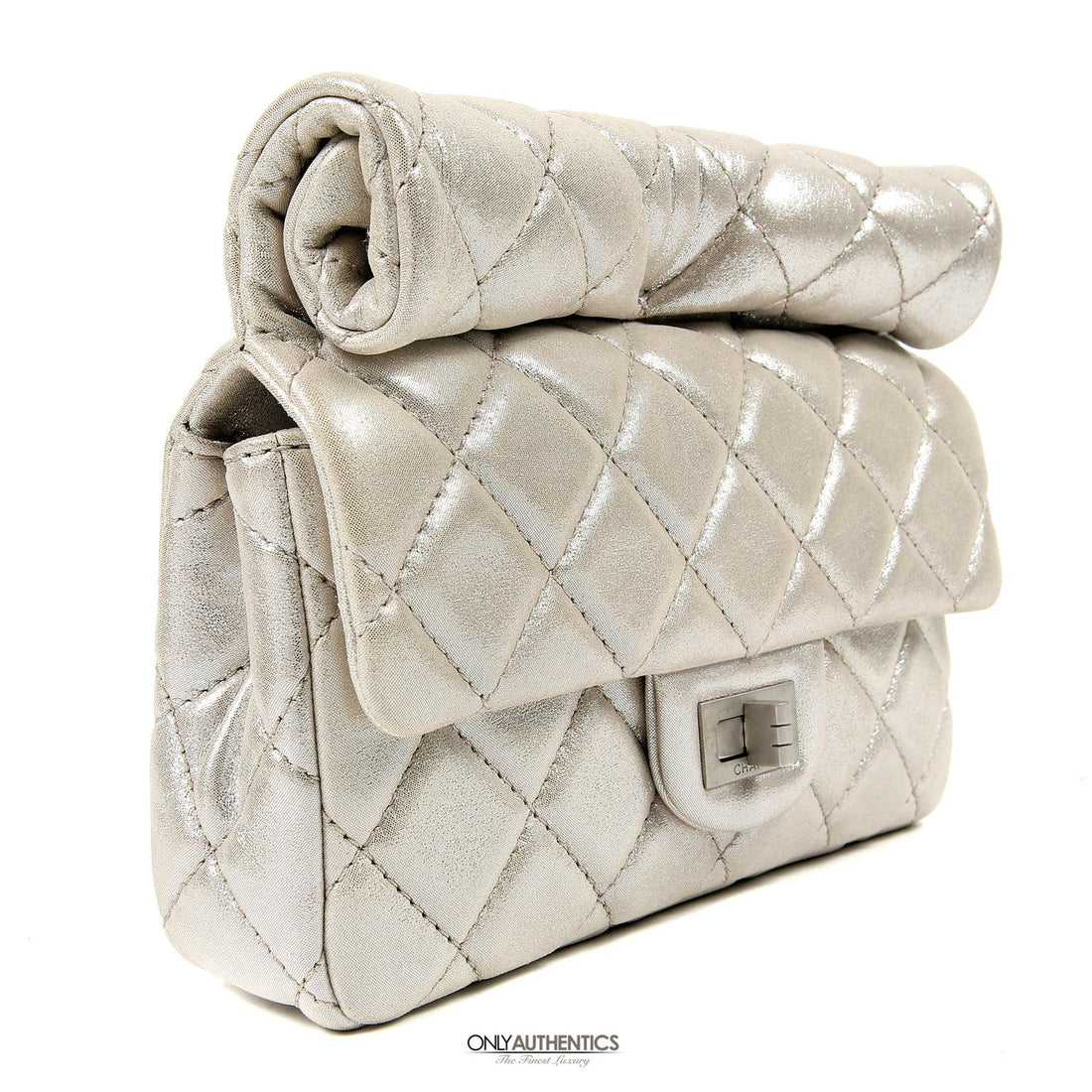 Chanel Silver Gold Leather Roll Handle Reissue Clutch