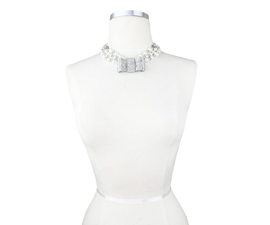 CHANEL Rare Silver Large Bow Crystal 3 Strand Pearl Necklace