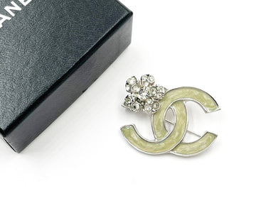 CHANEL Silver CC Mint Enamel Corner Crystal Flower Brooch