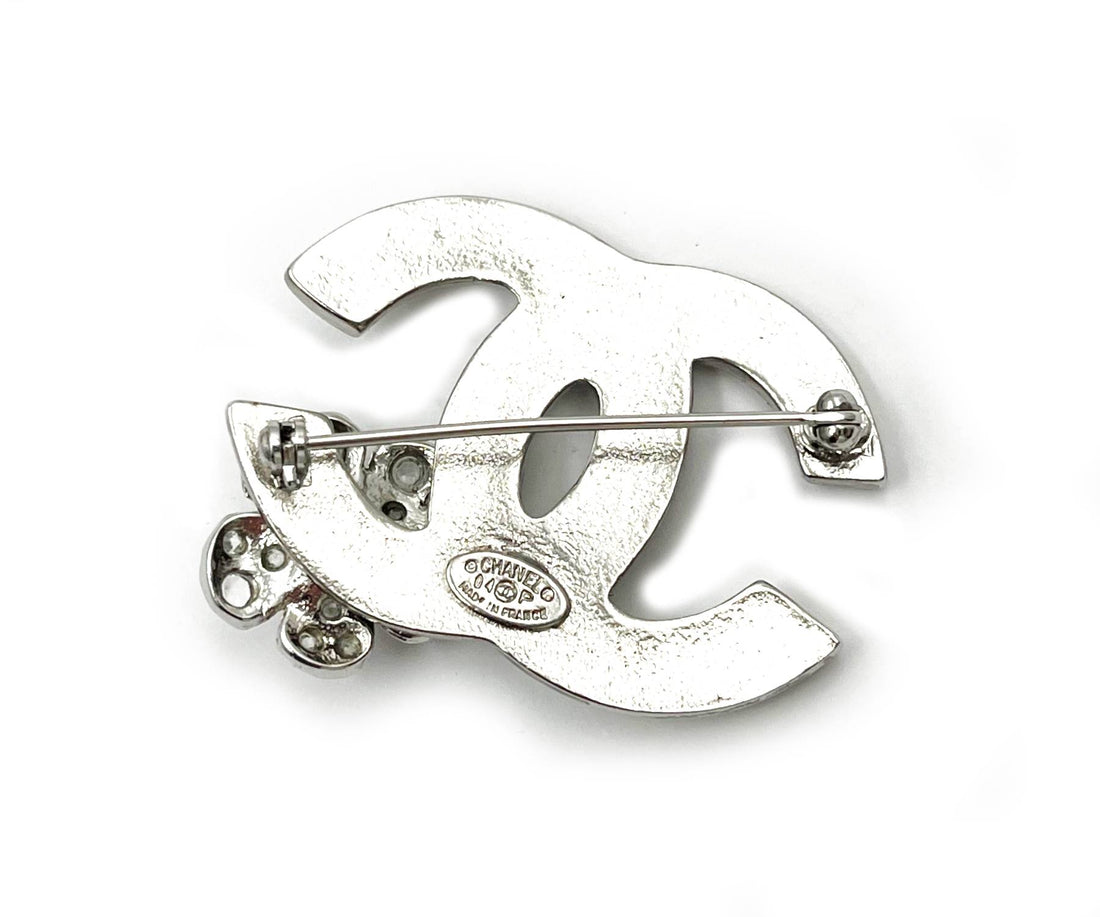 CHANEL Silver CC Mint Enamel Corner Crystal Flower Brooch