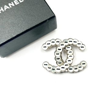 CHANEL Rare Silver CC Mother of Pearl Button Brooch