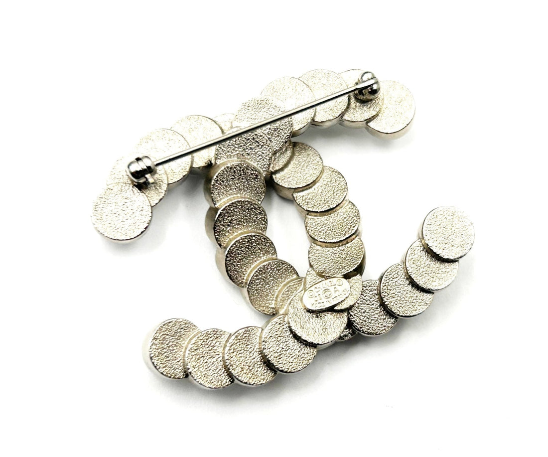 CHANEL Rare Silver CC Mother of Pearl Button Brooch