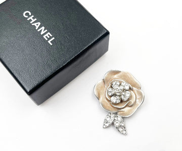 CHANEL Silver CC Crystal Pink Enamel Camellia Flower Brooch