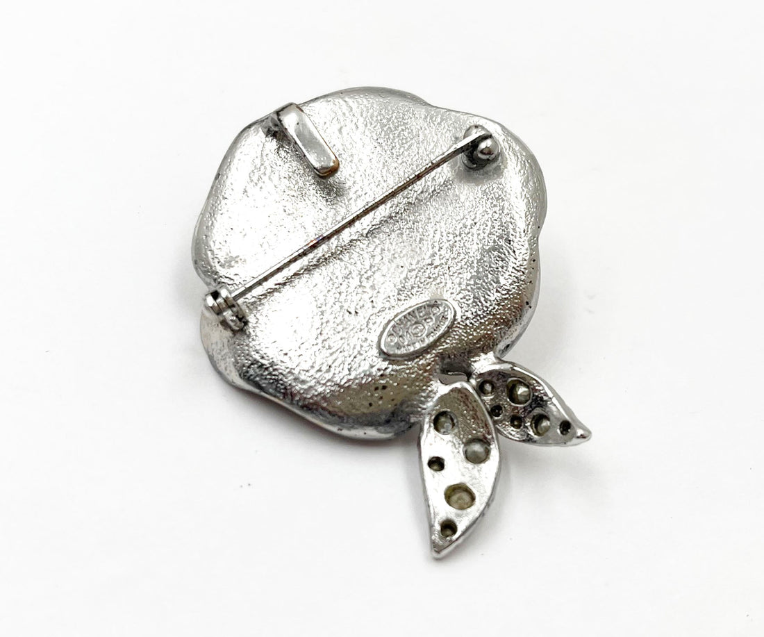 CHANEL Silver CC Crystal Pink Enamel Camellia Flower Brooch