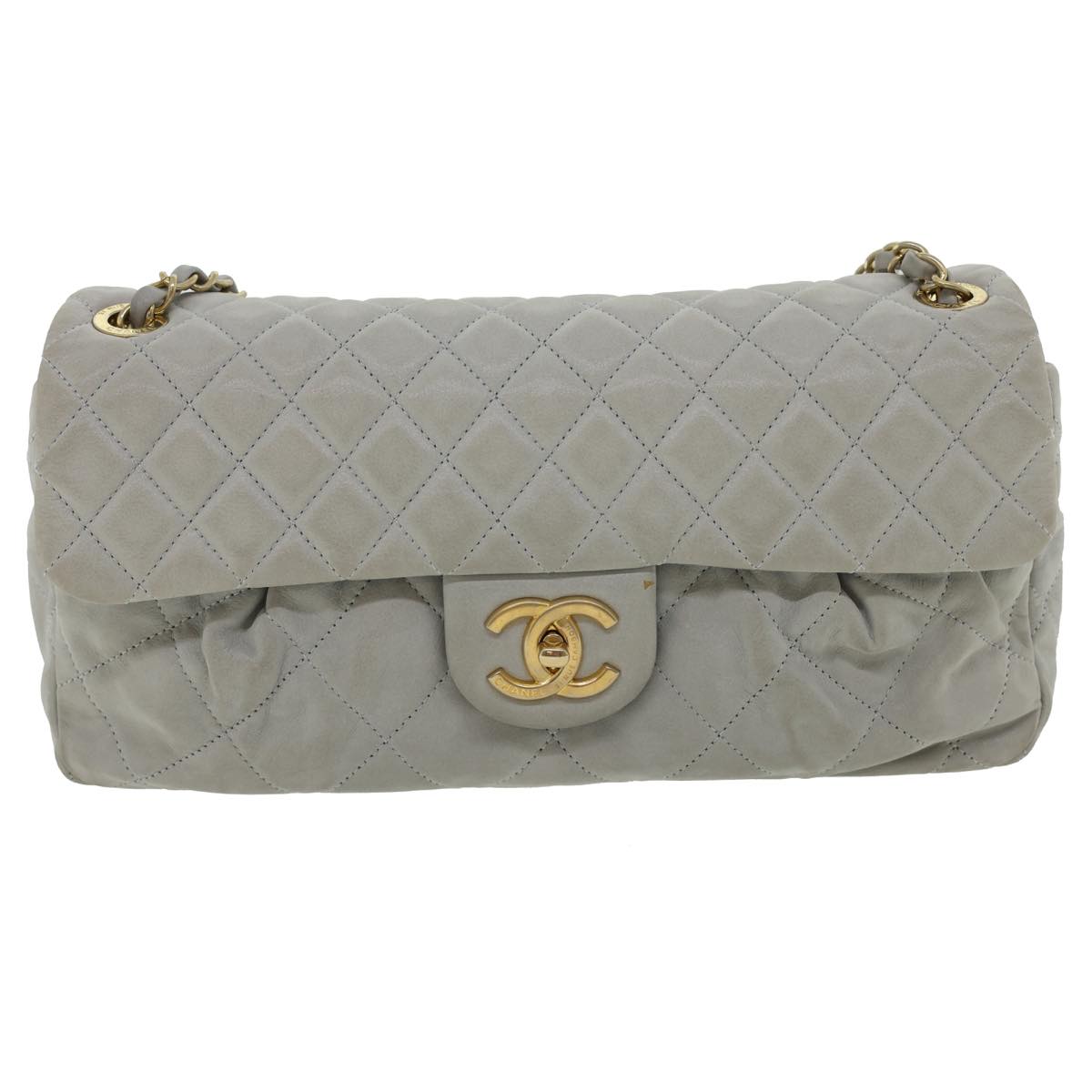 Chanel Lamb Skin Matelasse Double Chain Shoulder Bag Gray CC  am1097g