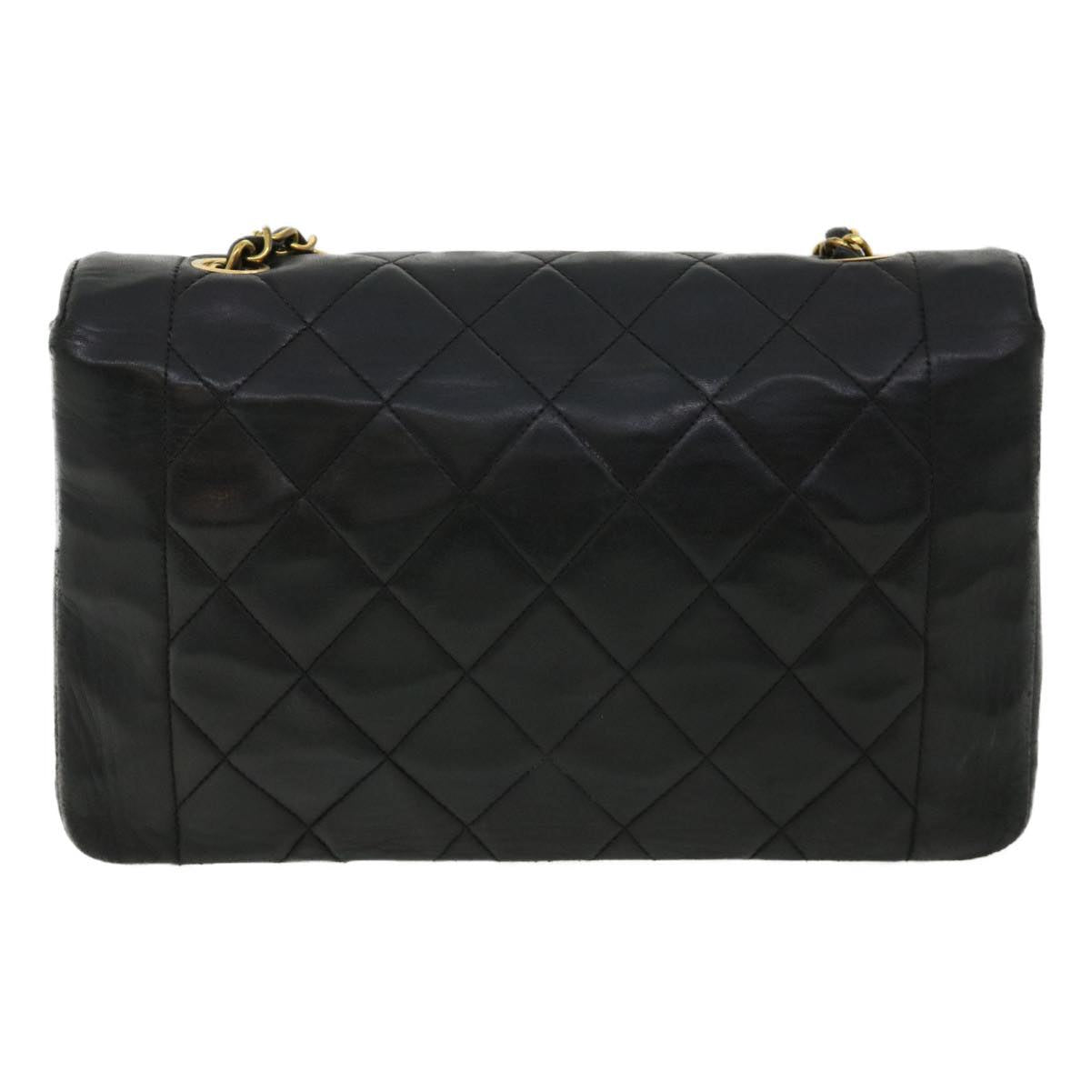Chanel Diana Matelasse Chain Flap Shoulder Bag Lamb Skin Black Gold Auth 25036A