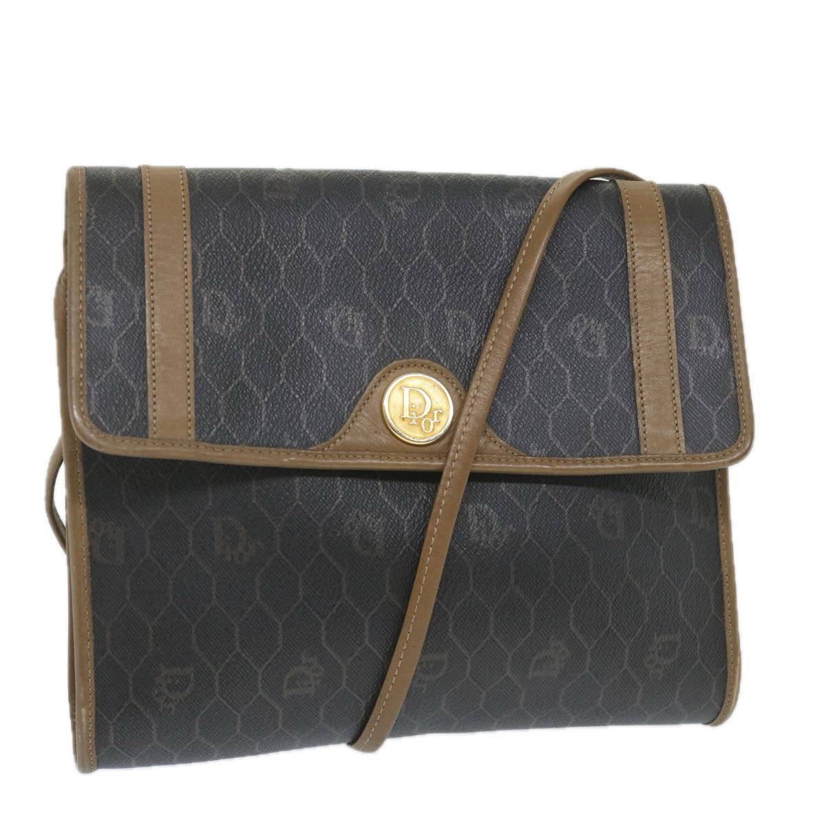 CHRISTIAN DIOR Honeycomb Canvas Shoulder Bag PVC Leather Black Auth ti1257