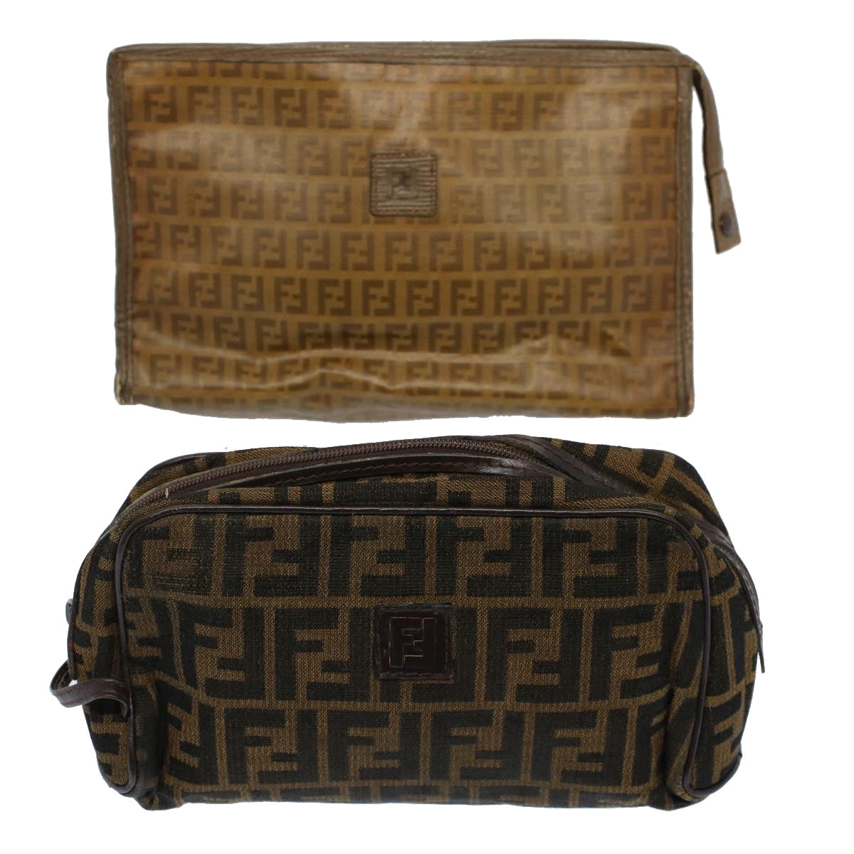 FENDI Zucca Canvas Zucchino Canvas Clutch Bag 2Set Brown Black Auth ti1353