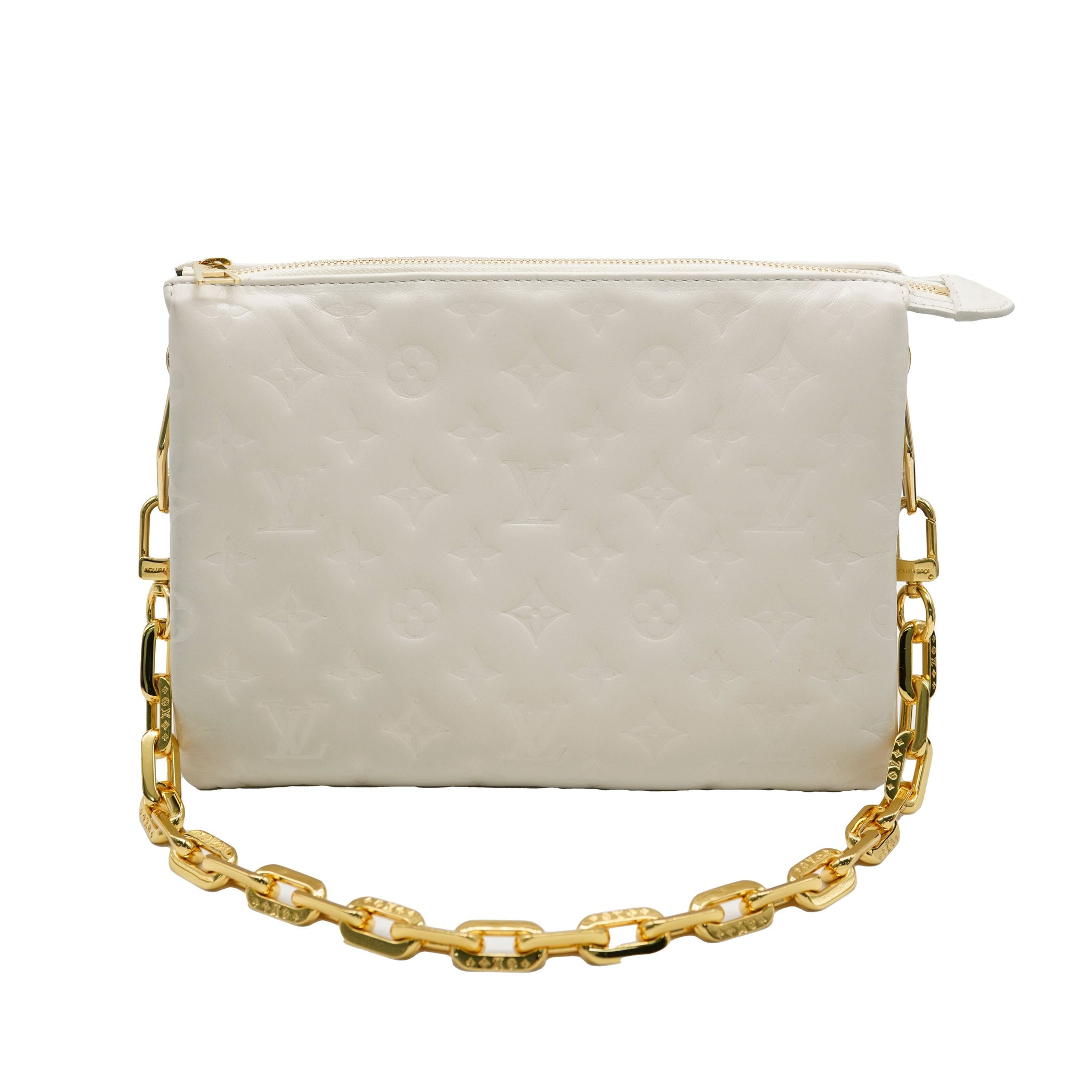 LOUIS VUITTON Cream Puffy Lambskin Monogram Coussin PM