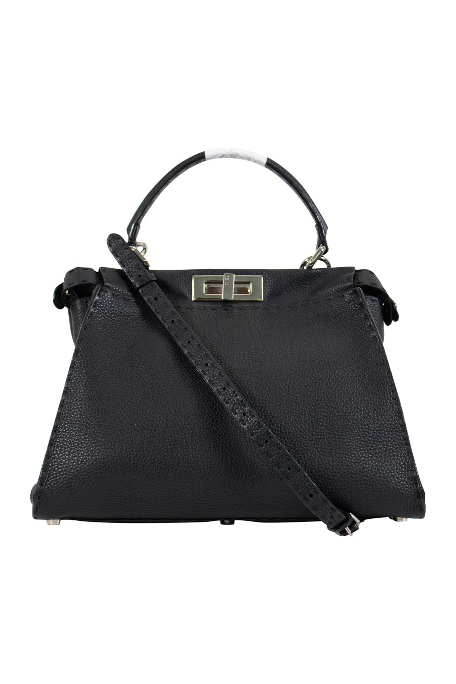 FENDI Black grained leather 'Peekaboo' with tonal topstitching and crossbody strap, silver-tone hardware