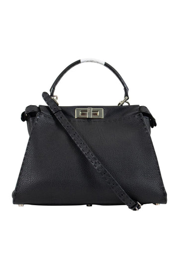 FENDI Black grained leather 'Peekaboo' with tonal topstitching and crossbody strap, silver-tone hardware