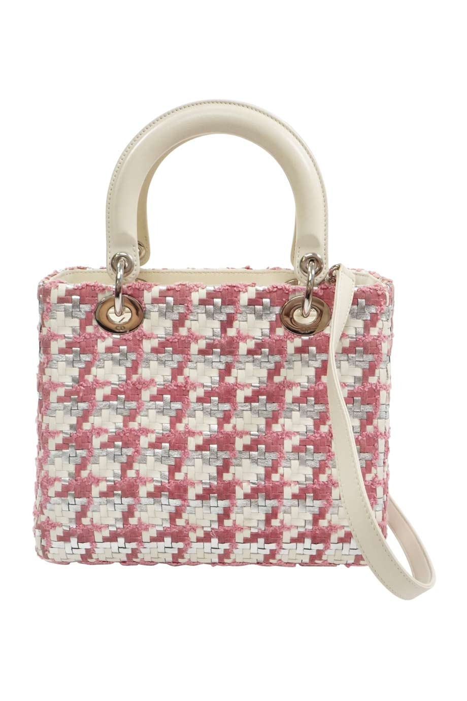CHRISTIAN DIOR Pink Woven Leather with Tweed Lady Dior Handbag