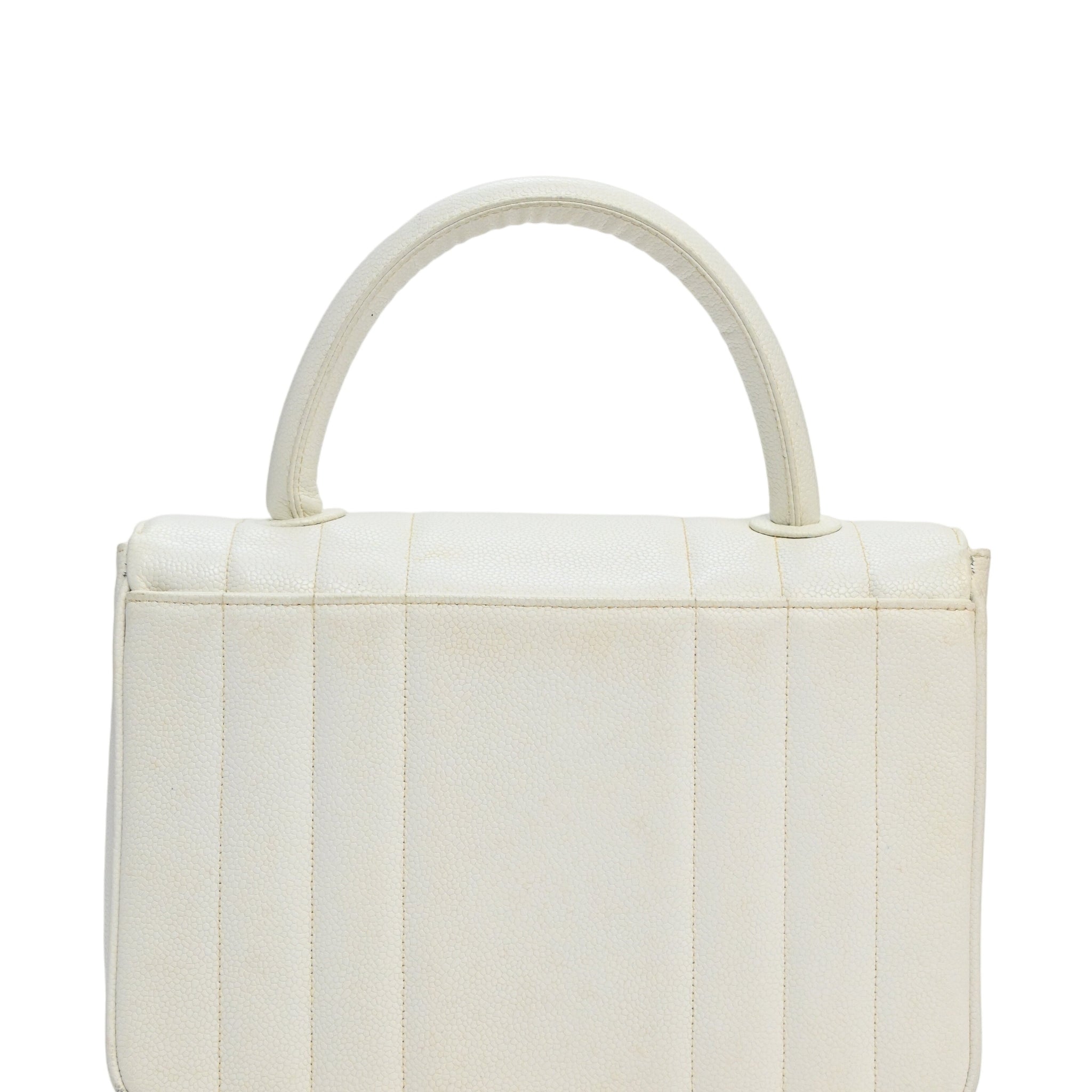 CHANEL White caviar leather top handle flap bag with 24-karat gold plated hardware