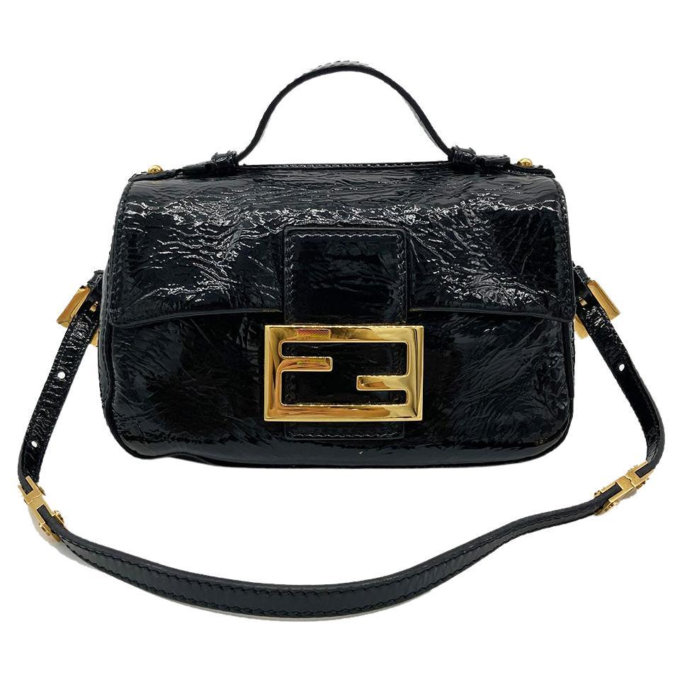 FENDI Black Patent and Silk Zucca Double Mini Baguette