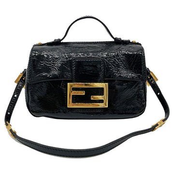 FENDI Black Patent and Silk Zucca Double Mini Baguette