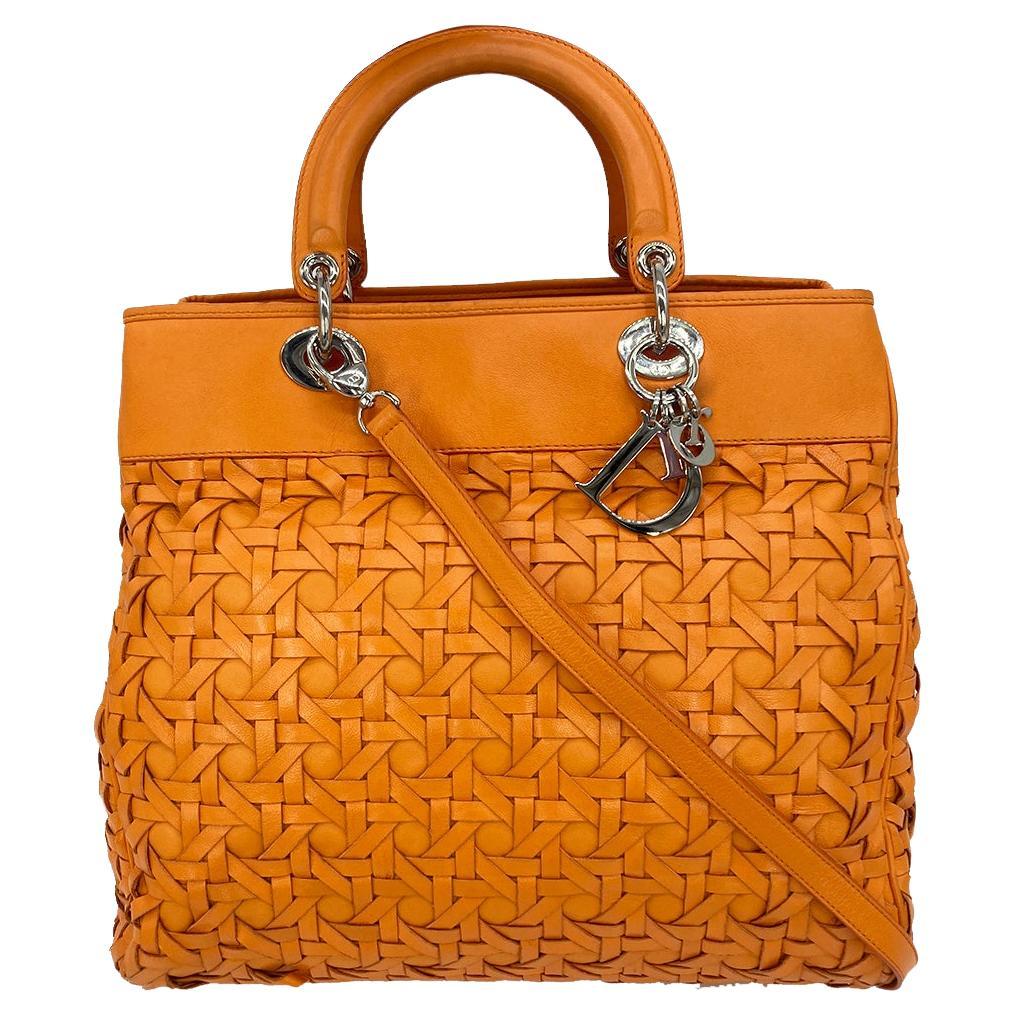 CHRISTIAN DIOR Woven Leather Orange Lady Dior Avenue Tote
