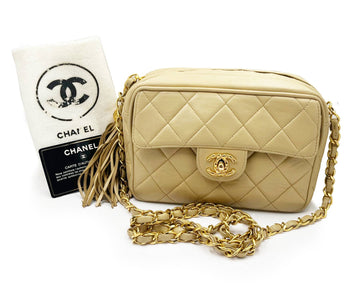 CHANEL Vintage Beige Tassel Camera Small Cross Body Bag
