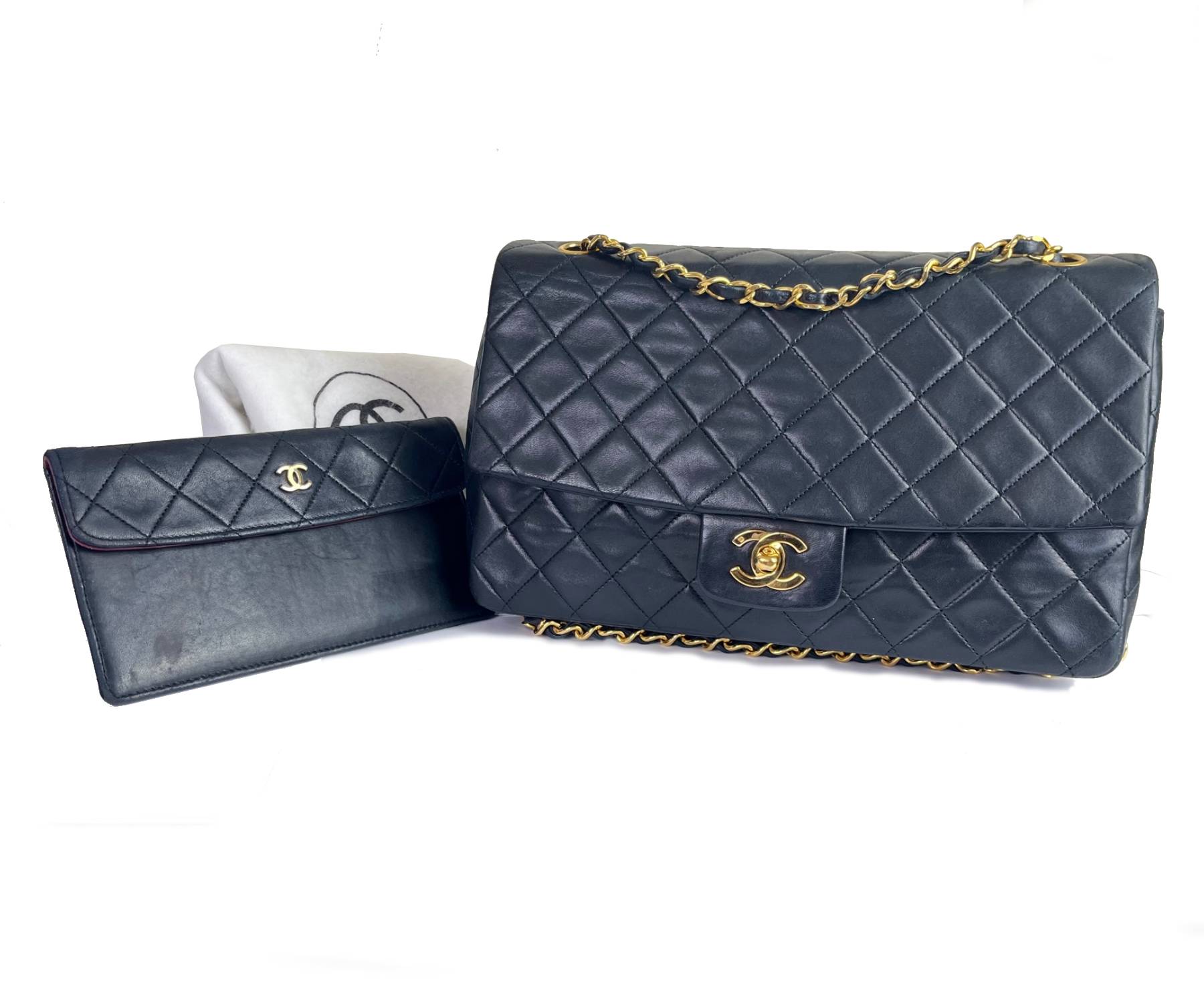 CHANEL Vintage RARE Classic Flap Black Wallet Shoulder Bag Set