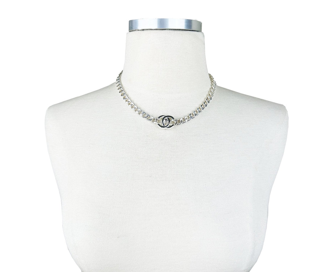 CHANEL Rare Vintage Silver CC Small Turnlock Chain Choker Necklace