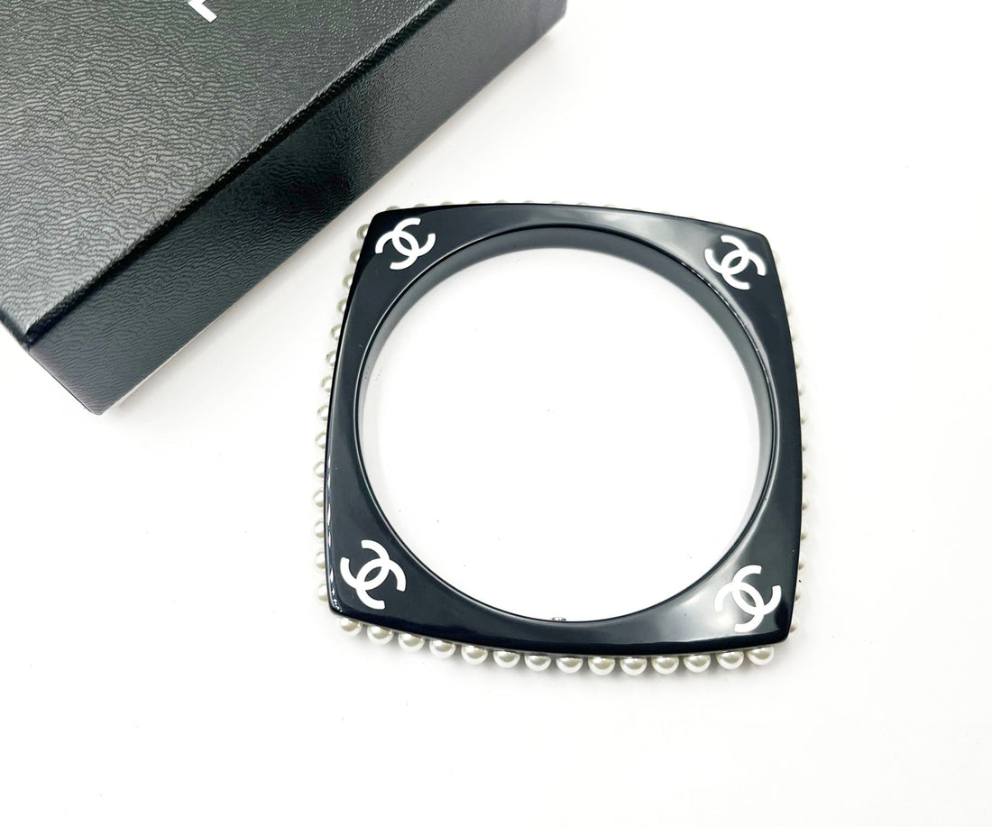 CHANEL White CC Black Resin Pearl Edge Bangle Bracelet