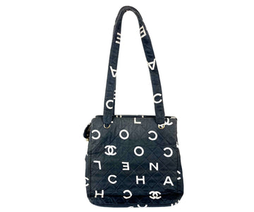 CHANEL Vintage White Logo Black Canvas Tote Bag