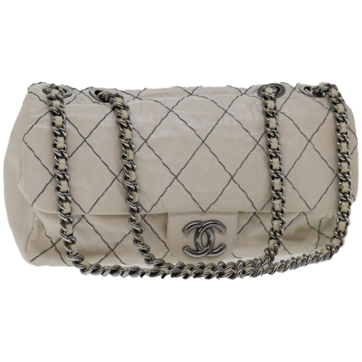 CHANEL Matelasse Chain Shoulder Bag Leather White CC Auth yk10764