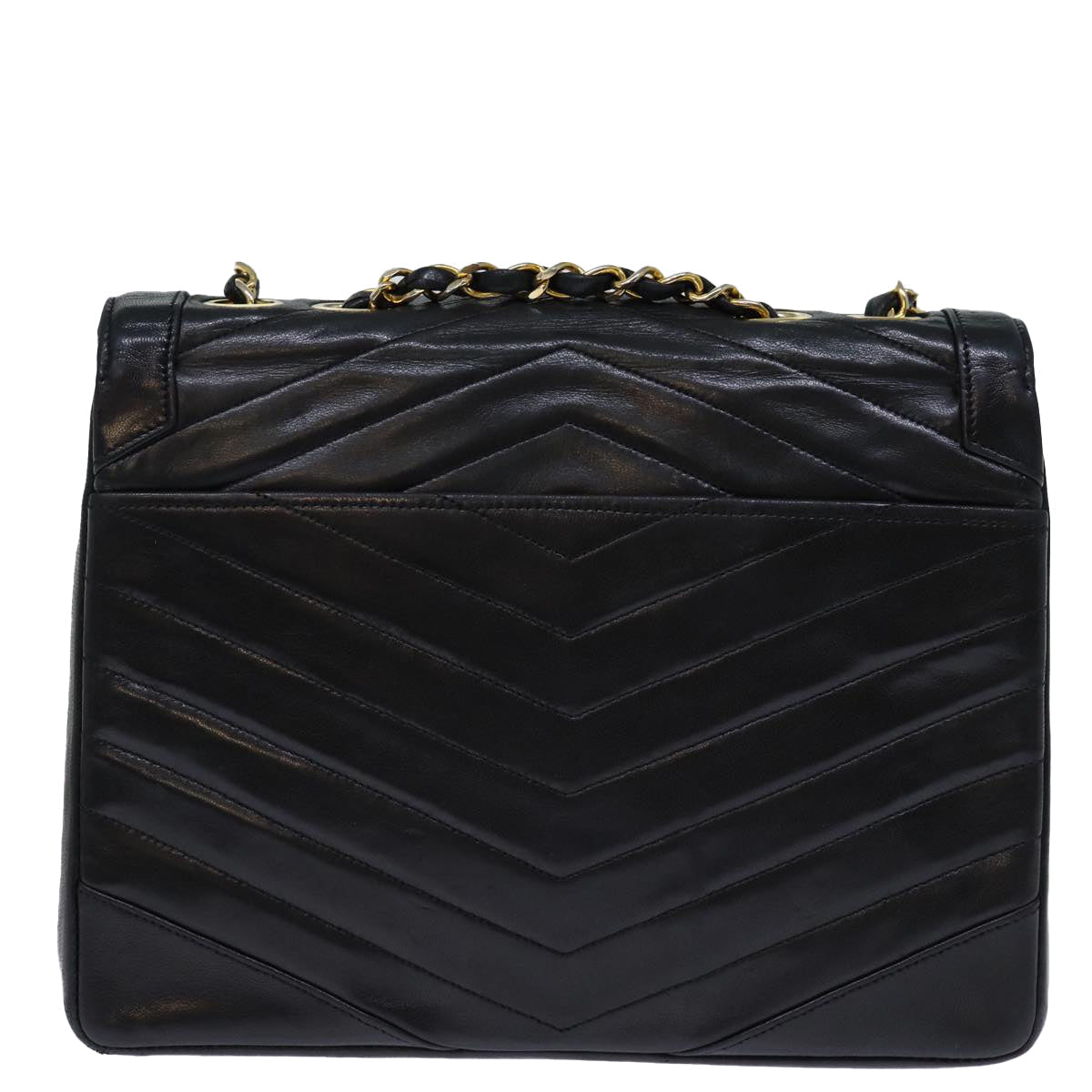 CHANEL Turn Lock Chain V Stitch Hand Bag Lamb Skin Black CC Auth yk11929A