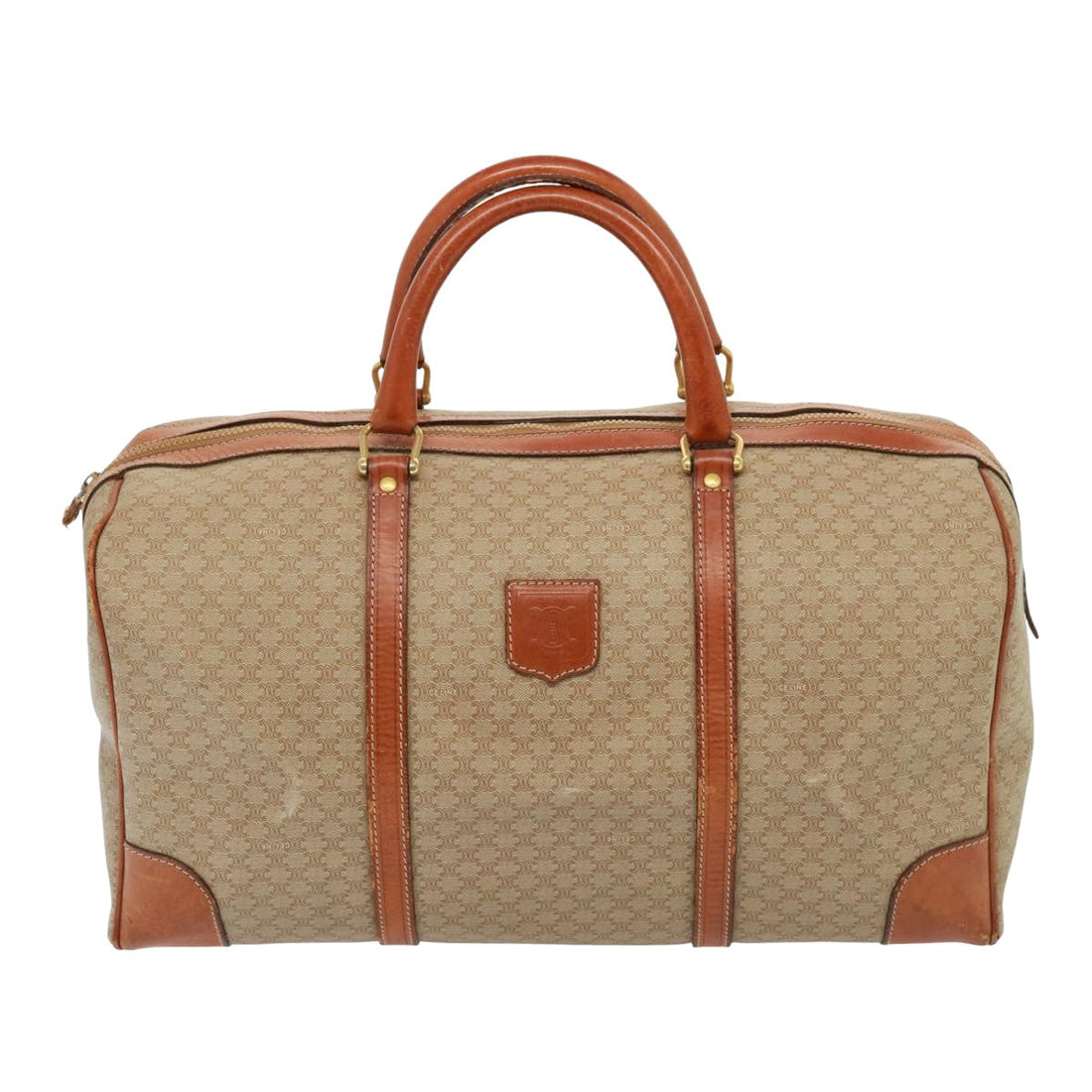 CELINE Macadam Canvas Boston Bag Leather Beige Auth yk13220