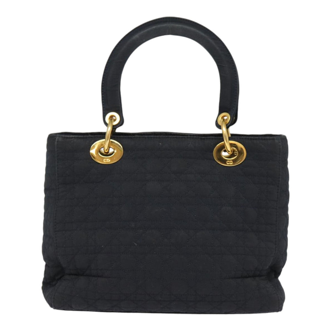 CHRISTIAN DIOR Lady Dior Canage Hand Bag Nylon Black Gold Auth yk14341
