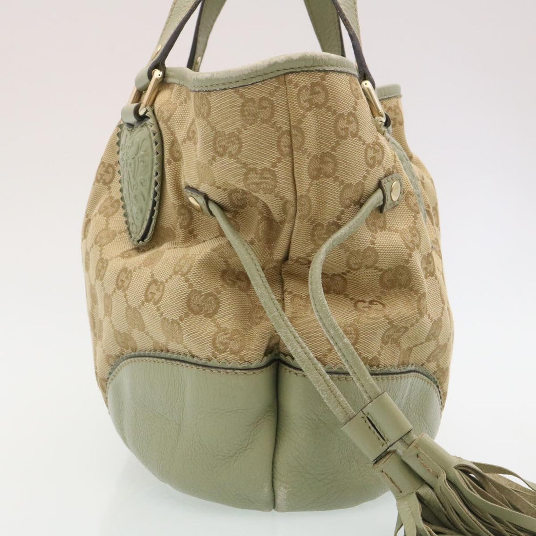 GUCCI GG Canvas Tote Bag Fringe Beige Green  yk3822