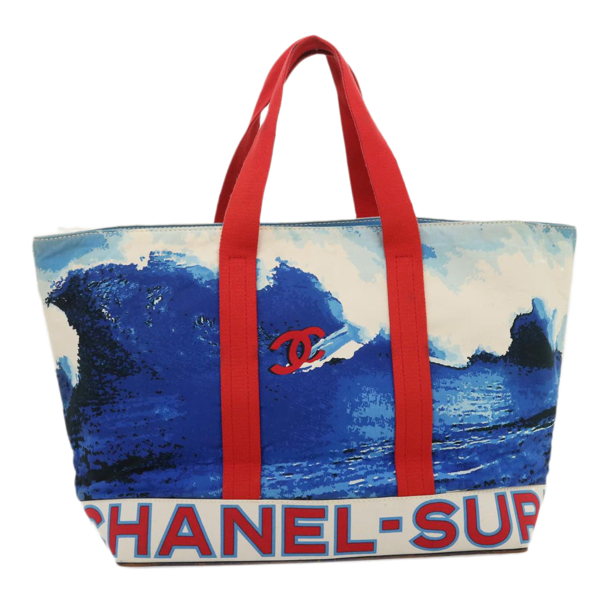 CHANEL Surf line Tote Bag Canvas Blue Red CC Auth yk4388A