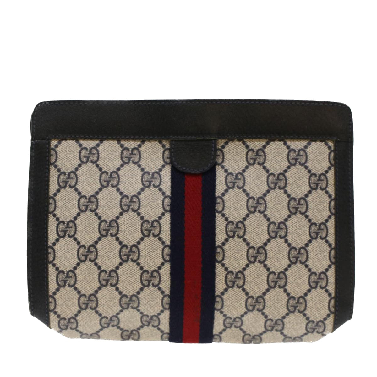 GUCCI GG Canvas Sherry Line Clutch Bag PVC Leather Navy Red  yk7860